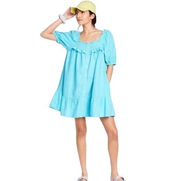 Stoney Clover Lane x‎ Target Womens Blue Linen Blend Ruffled Mini Dress Medium - Picture 1 of 7
